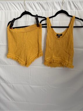 Aura Mustard Ribbed Fringe Tank & Shorts Set